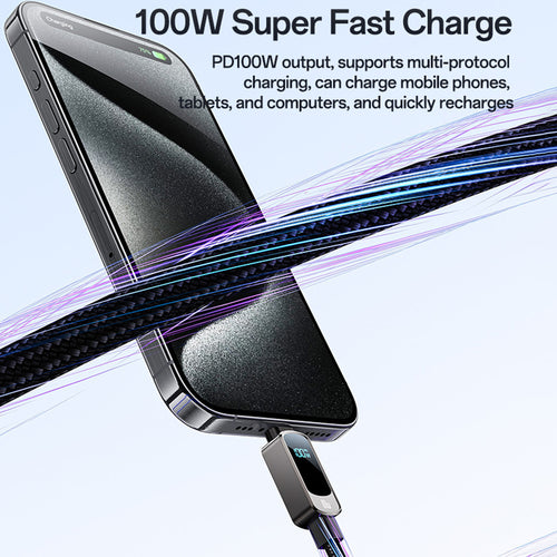 Yesido - Data Cable (CA179) - Super Fast Charging, with Digital Display, Type-C to Type-C, 100W, 5A, 480Mbps, 1.2m - Bla