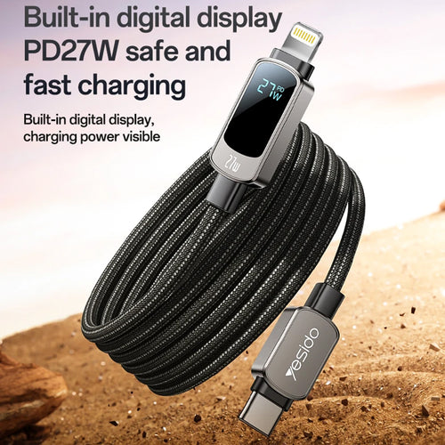 Yesido - Data Cable (CA180) - Super Fast Charging, with Digital Display, Type-C to Lightning, 27W, 3A, 480Mbps, 1.2m - B
