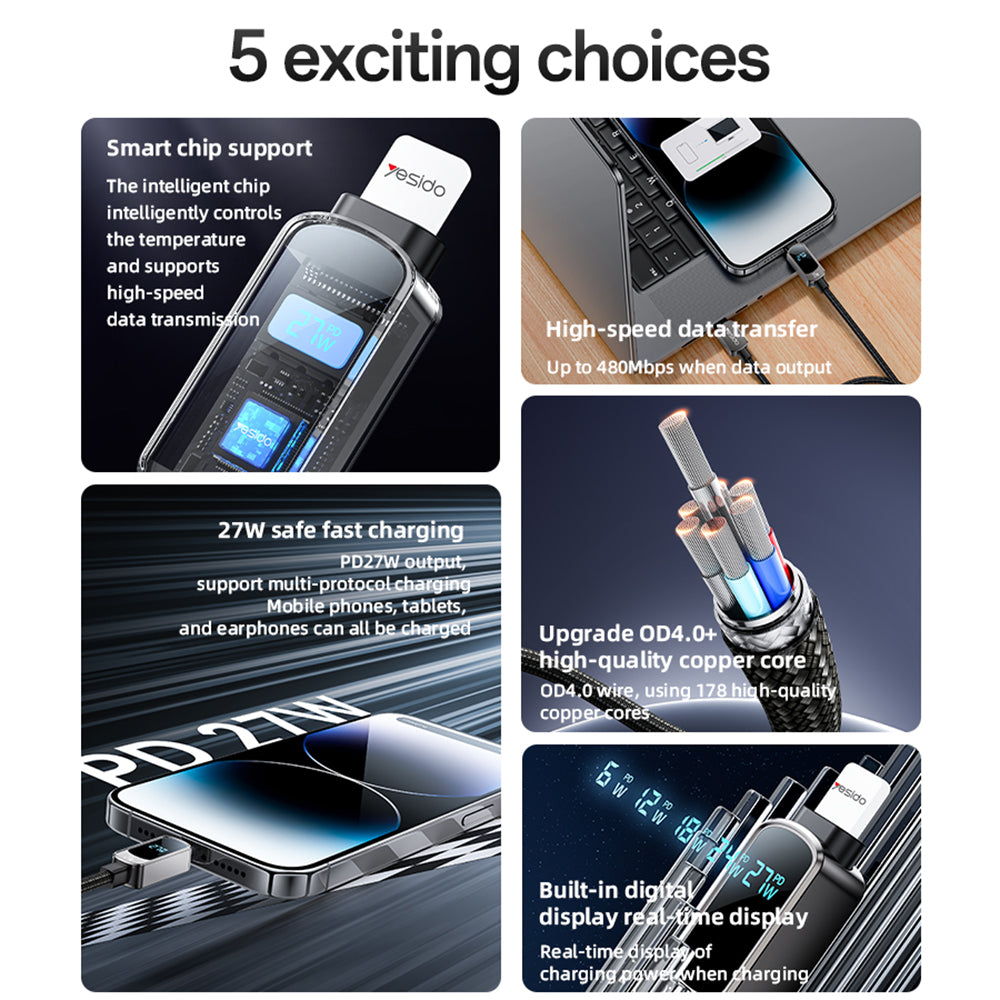 Yesido - Data Cable (CA180) - Super Fast Charging, with Digital Display, Type-C to Lightning, 27W, 3A, 480Mbps, 1.2m - B