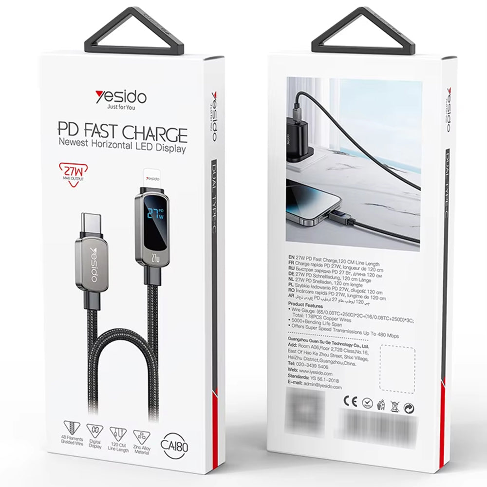 Yesido - Data Cable (CA180) - Super Fast Charging, with Digital Display, Type-C to Lightning, 27W, 3A, 480Mbps, 1.2m - B