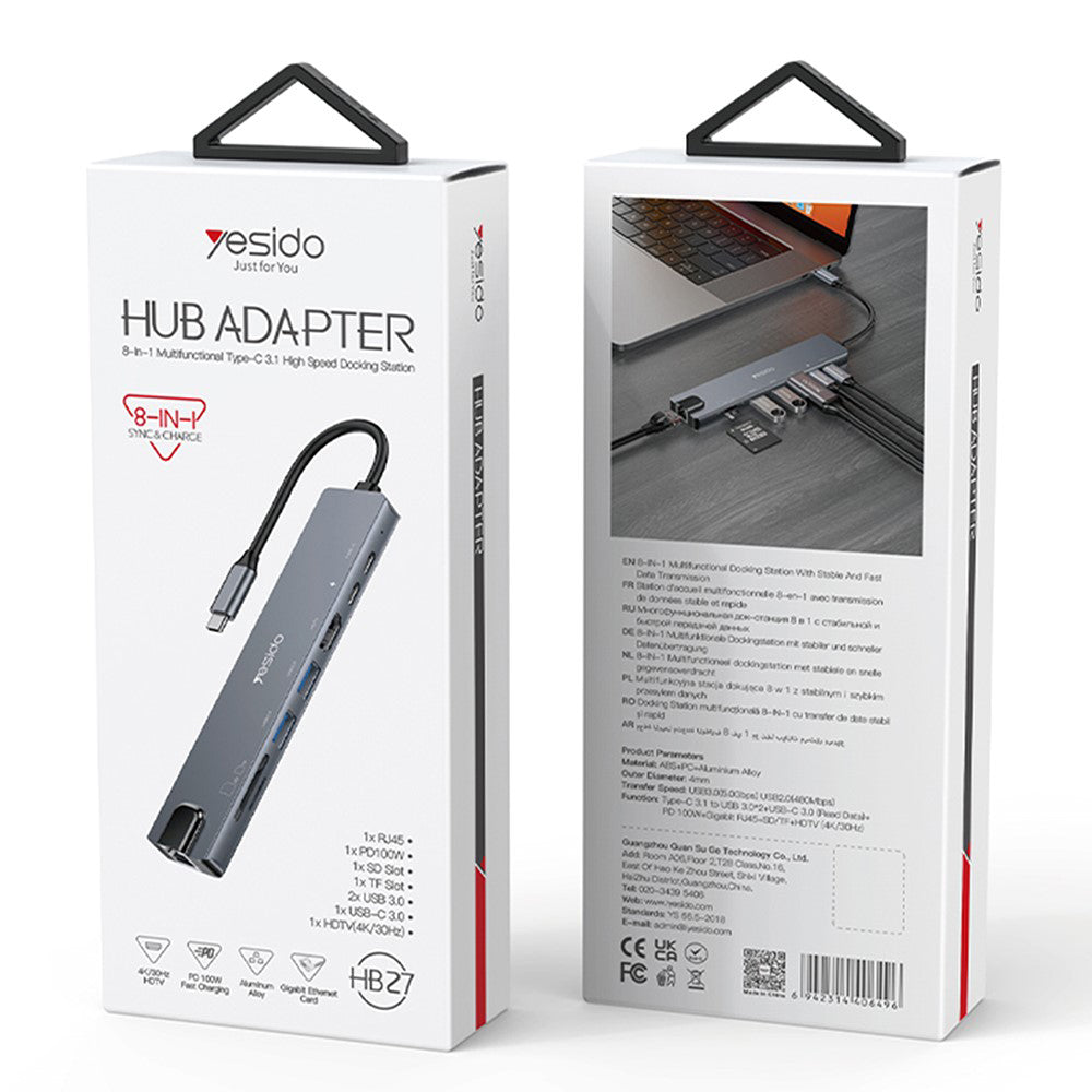 Yesido - Docking Station 8in1 (HB27) - Type-C to 2x USB, 2x USB-C, HDMI, RJ45, TF/SD, PD100W, Fast Charge, 4K@30Hz - Gra
