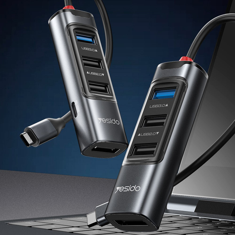Yesido - Docking Station 5in1 (HB23) - Type-C to 3x USB, USB-C, DisplayPort, PD100W, Fast Charge, 4K@30Hz, 5Gbps - Gray