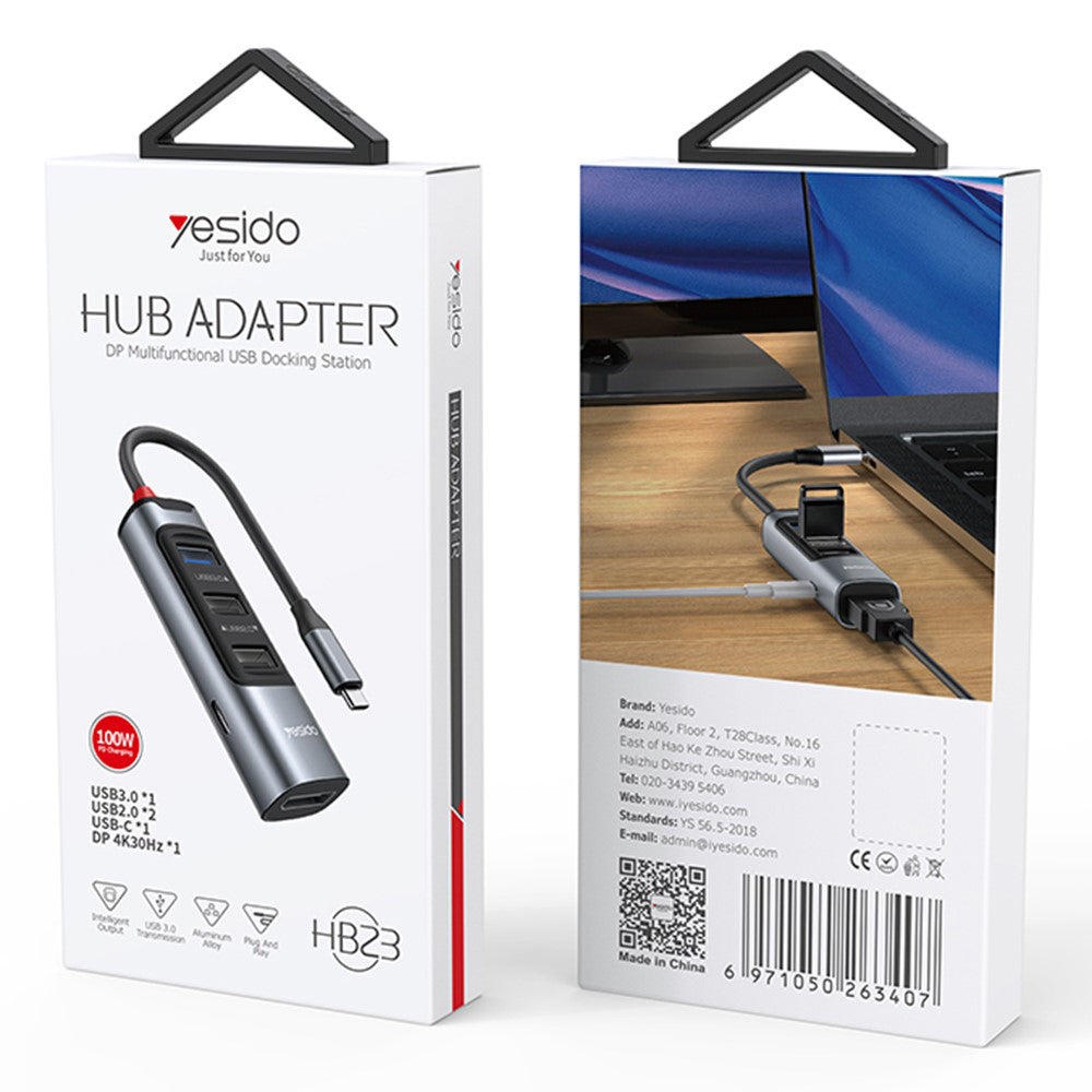 Yesido - Docking Station 5in1 (HB23) - Type-C to 3x USB, USB-C, DisplayPort, PD100W, Fast Charge, 4K@30Hz, 5Gbps - Gray