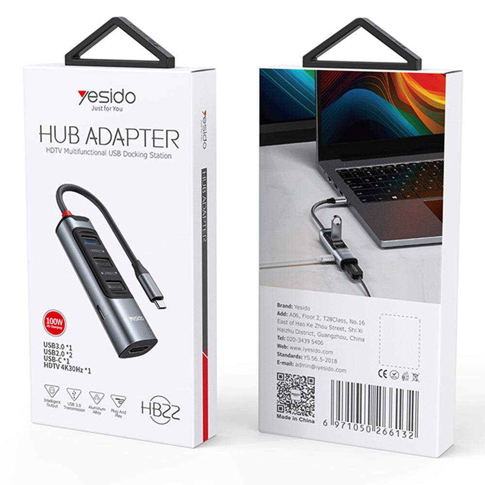 Yesido - Docking Station 5in1 (HB22) - Type-C to 3x USB, USB-C, HDMI, PD100W, Fast Charge, 4K@30Hz, 5Gbps - Gray
