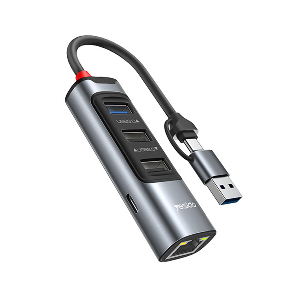 Hub Yesido (HB21), USB Type-C la 3x USB / USB-C / RJ45, PD100W, Gri