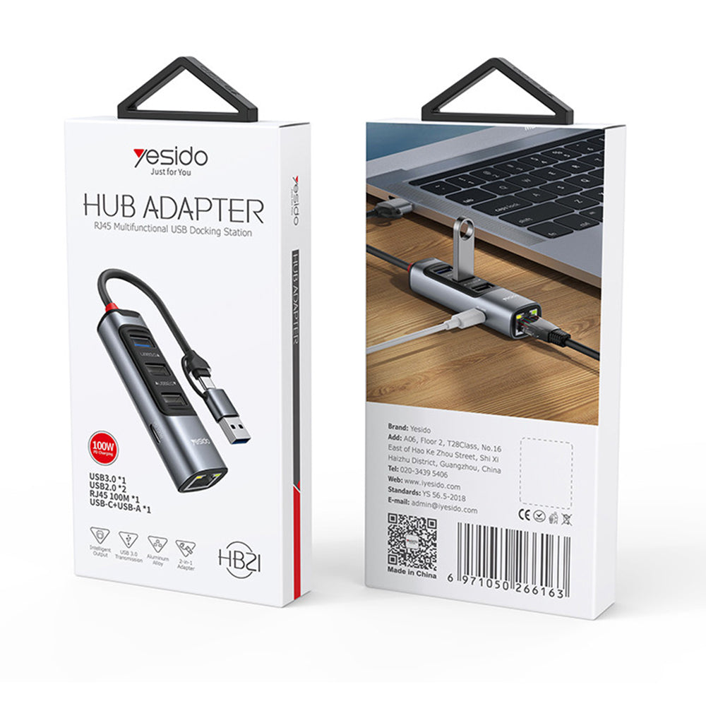 Hub Yesido (HB21), USB Type-C la 3x USB / USB-C / RJ45, PD100W, Gri