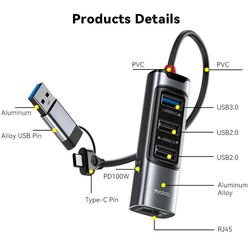 Hub Yesido (HB21), USB Type-C la 3x USB / USB-C / RJ45, PD100W, Gri