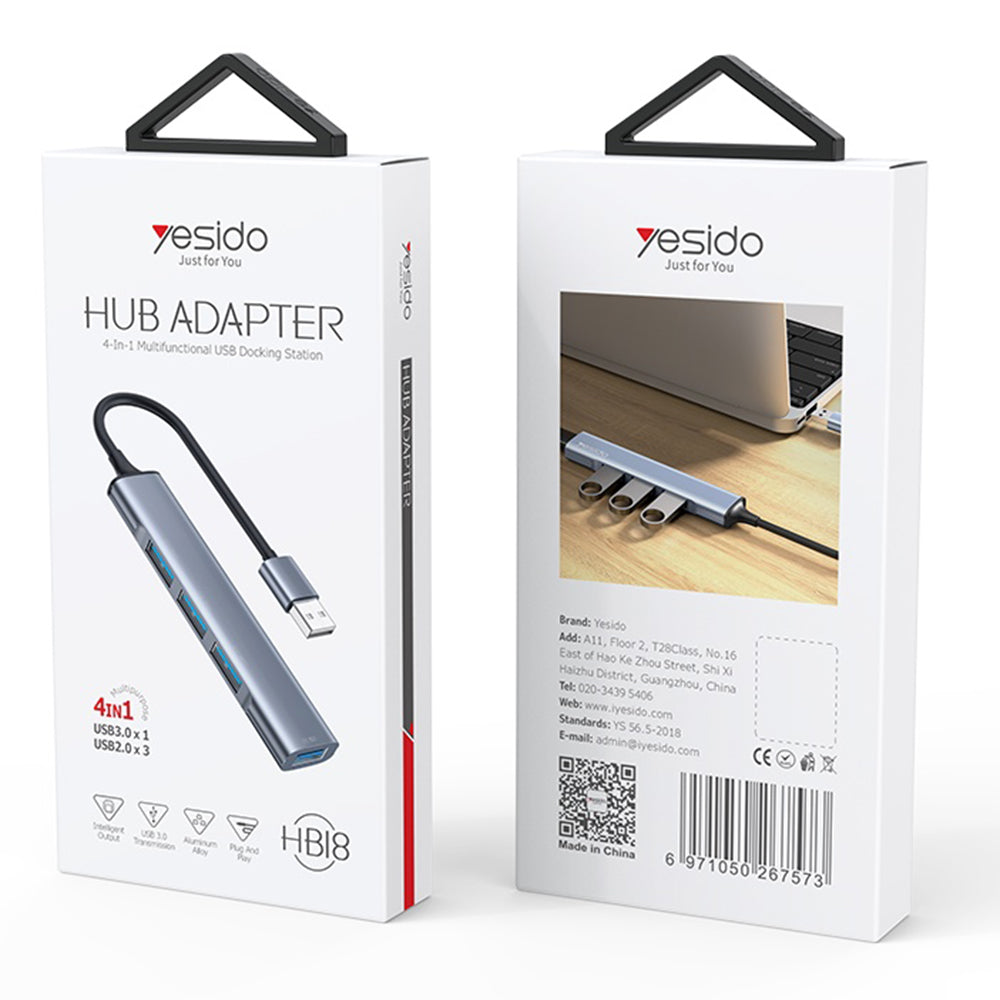 Yesido - Docking Station 4in1 (HB18) - USB to 1x USB3.0, 3x USB2.0, Plug&Play, 5Gbps, Aluminum Alloy - Gray
