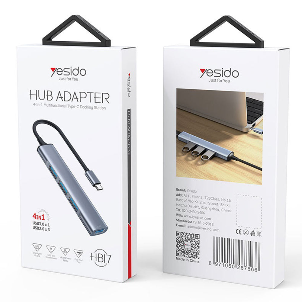 Yesido - Docking Station 4in1 (HB17) - Type-C to 1x USB3.0, 3x USB2.0, Plug&Play, 5Gbps, Aluminum Alloy - Gray