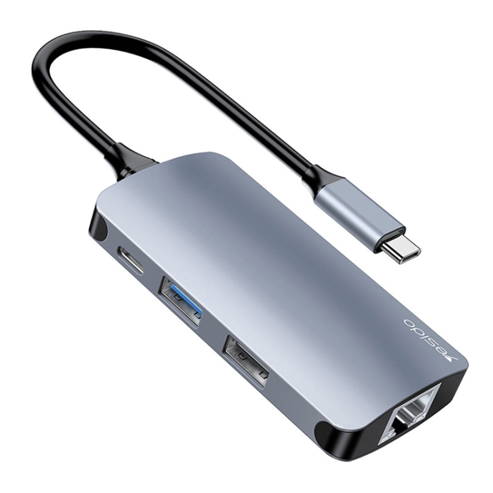 Yesido - Docking Station (HB15) - Type-C to 2x USB, USB-C, SD/TF Card, RJ45, 1000Mbps, Plug & Play - Gray
