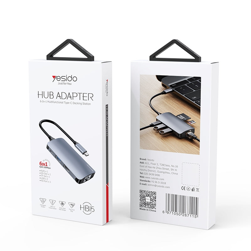 Yesido - Docking Station (HB15) - Type-C to 2x USB, USB-C, SD/TF Card, RJ45, 1000Mbps, Plug & Play - Gray