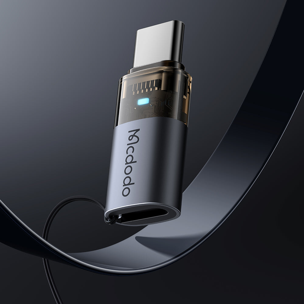 Mcdodo - OTG Adapter (OT-7610) - Lightning to Type-C, Aluminium Alloy, Charging & Data Sync, 60W, Blue Light, Lanyard - 