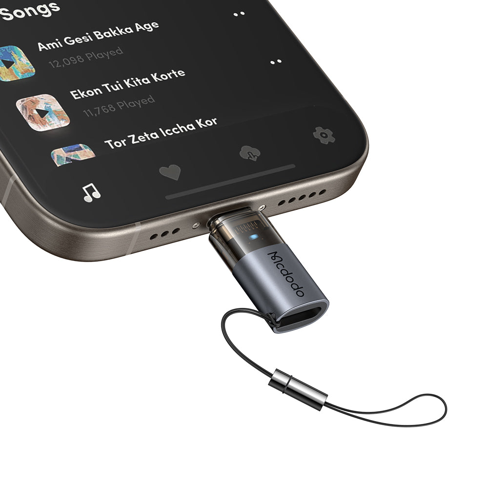 Mcdodo - OTG Adapter (OT-7610) - Lightning to Type-C, Aluminium Alloy, Charging & Data Sync, 60W, Blue Light, Lanyard - 