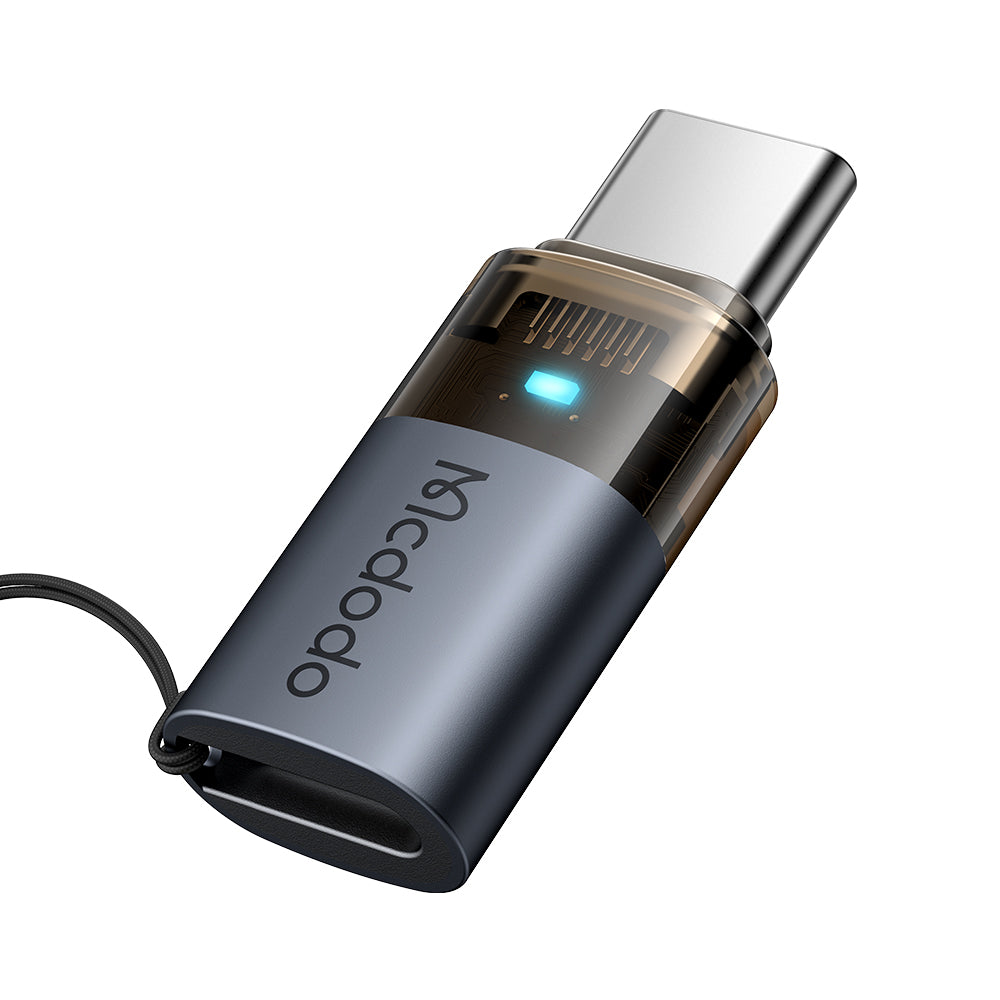 Mcdodo - OTG Adapter (OT-7610) - Lightning to Type-C, Aluminium Alloy, Charging & Data Sync, 60W, Blue Light, Lanyard - 
