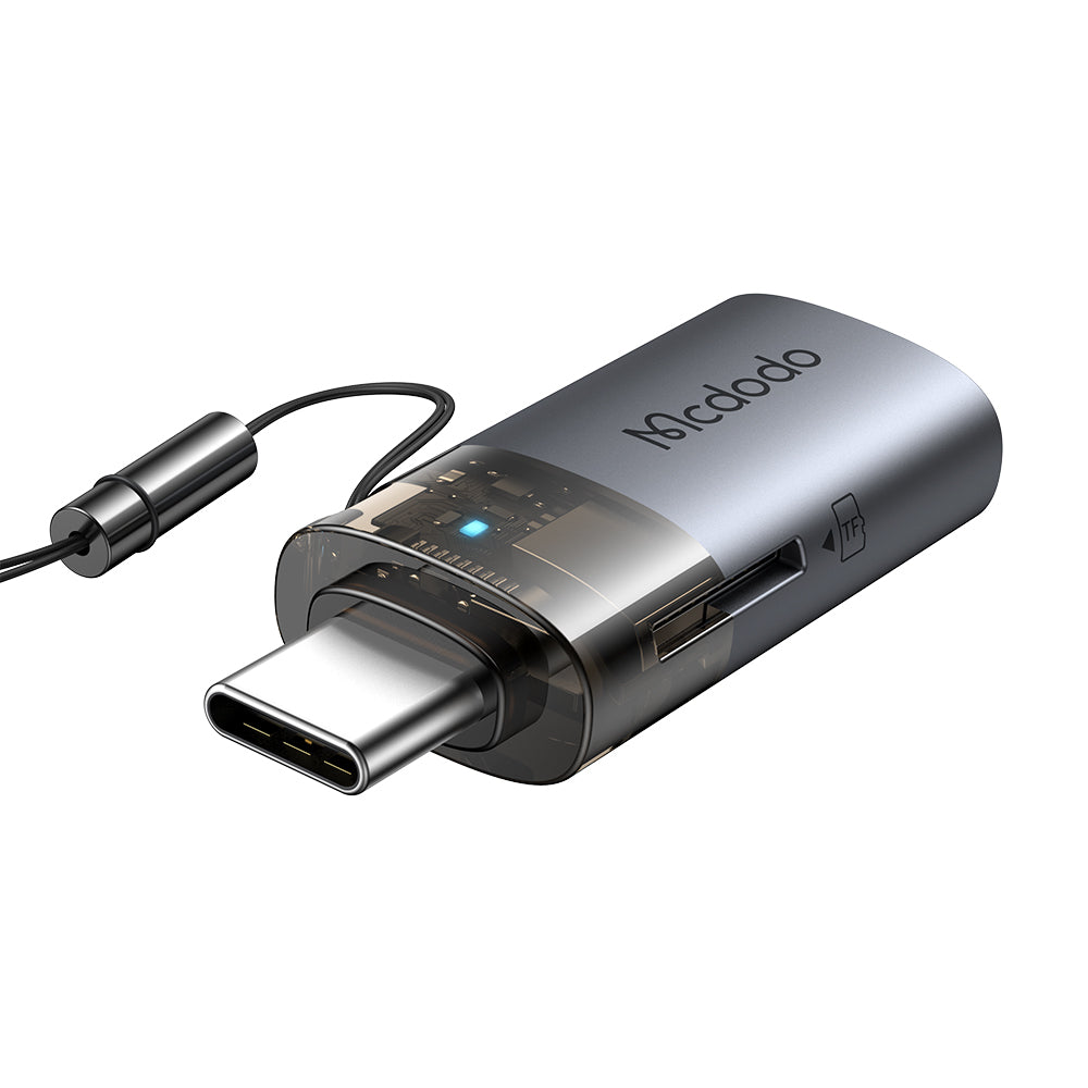 Mcdodo - OTG Adapter 2in1 (OT-7600) - USB to USB-C, Built-in Card Reader, Charging & Data, 5Gbps, Blue Light, Lanyard - 