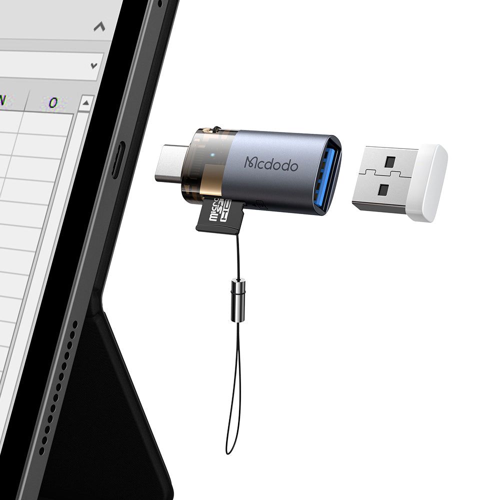 Mcdodo - OTG Adapter 2in1 (OT-7600) - USB to USB-C, Built-in Card Reader, Charging & Data, 5Gbps, Blue Light, Lanyard - 