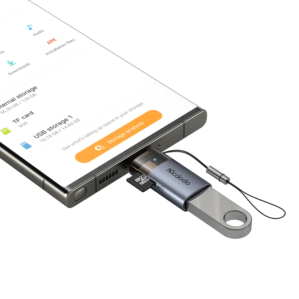 Mcdodo - OTG Adapter 2in1 (OT-7600) - USB to USB-C, Built-in Card Reader, Charging & Data, 5Gbps, Blue Light, Lanyard - 