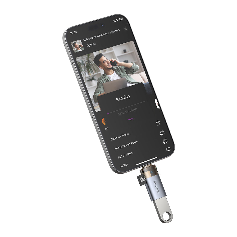 Mcdodo - OTG Adapter (OT-7850) - USB to Lightning, with TF Card Reader, Fast Data Transfer, 480Mbps, LED, Lanyard - Blac
