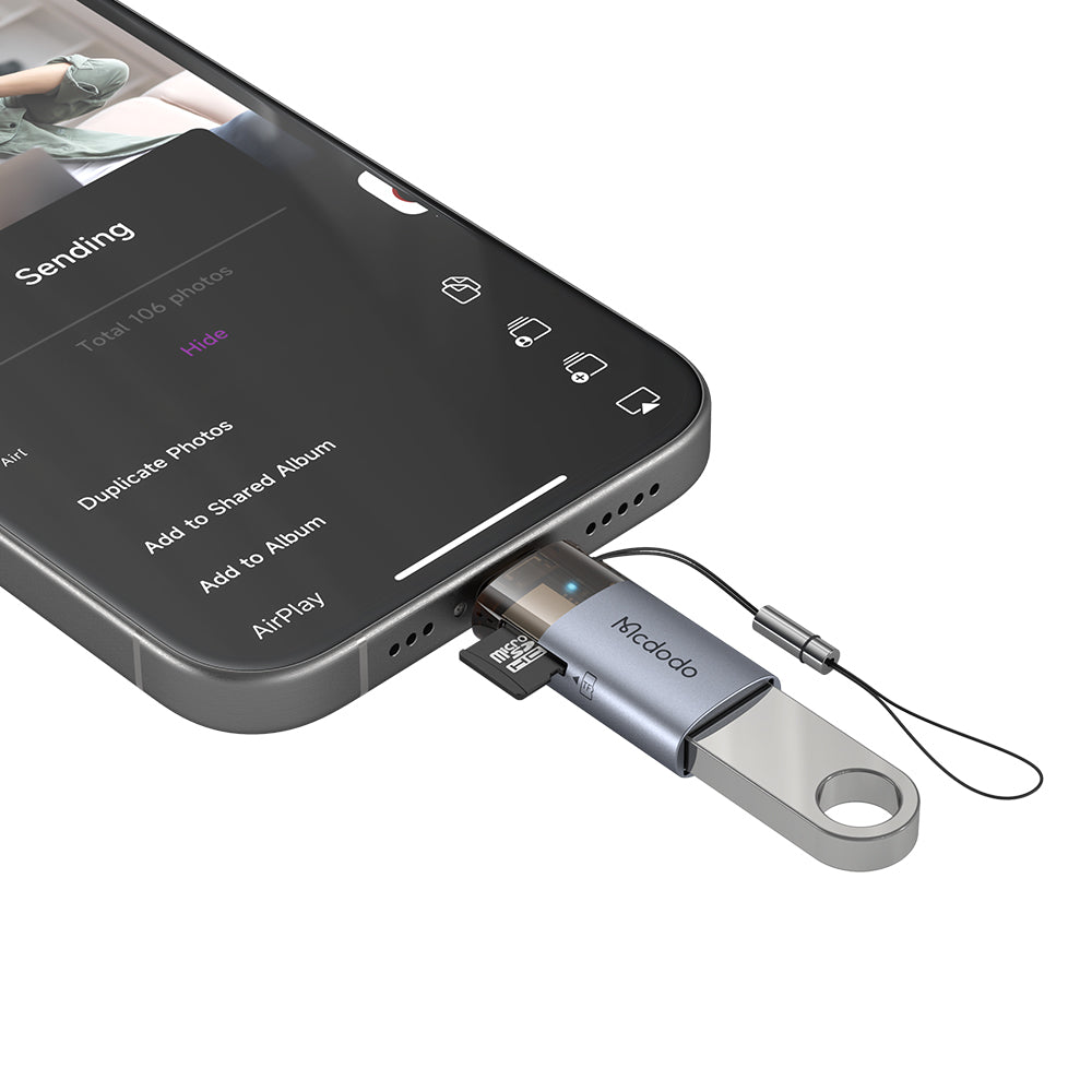 Mcdodo - OTG Adapter (OT-7850) - USB to Lightning, with TF Card Reader, Fast Data Transfer, 480Mbps, LED, Lanyard - Blac