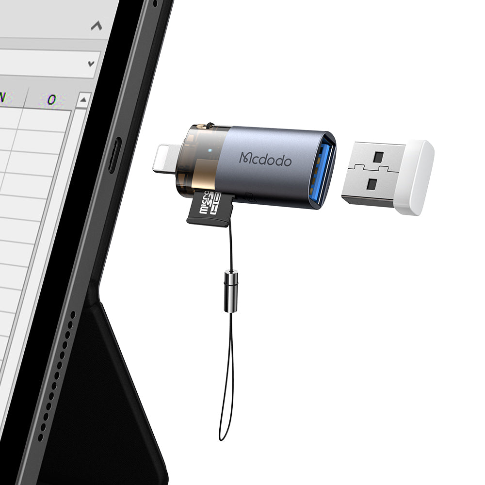 Mcdodo - OTG Adapter (OT-7850) - USB to Lightning, with TF Card Reader, Fast Data Transfer, 480Mbps, LED, Lanyard - Blac