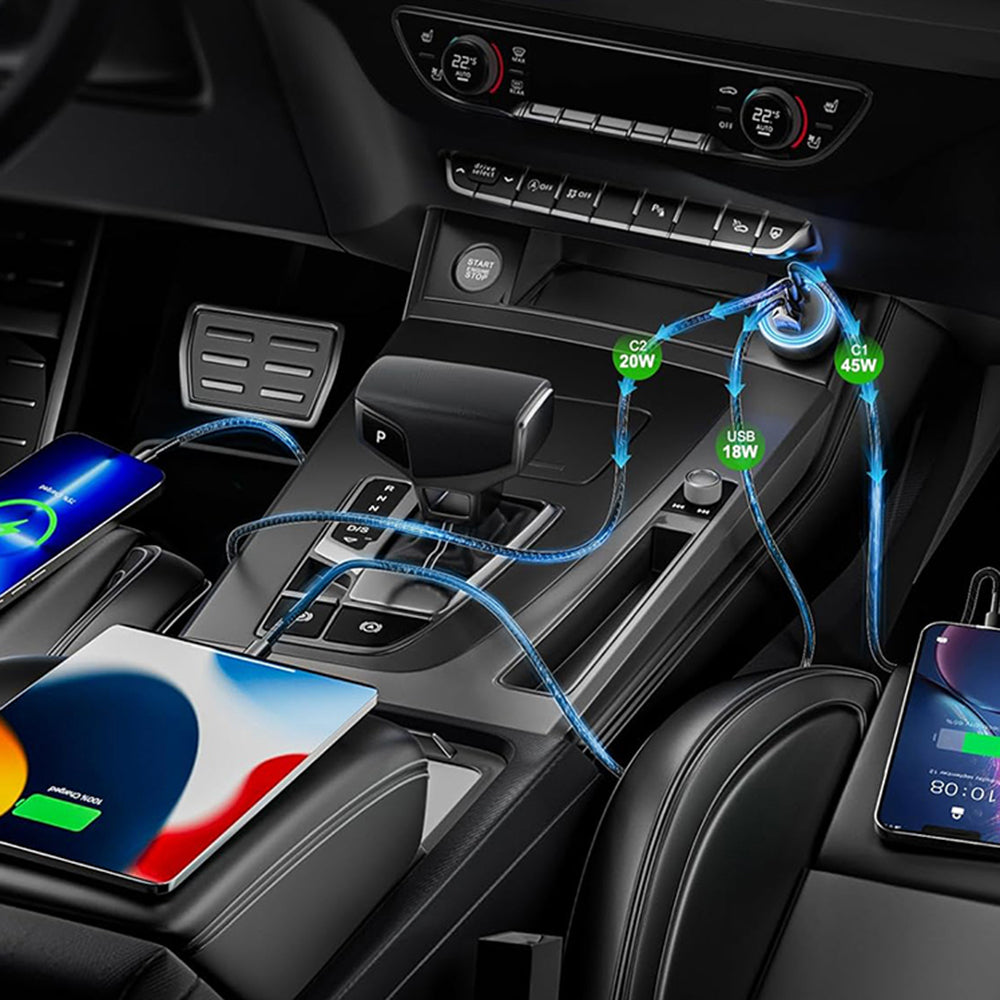 Techsuit - Premium Car Charger DriveBoost (C6) - Fast Charge, LED Light, USB, 2x Type-C 60W, 5V/3A, Aluminium Alloy - Si