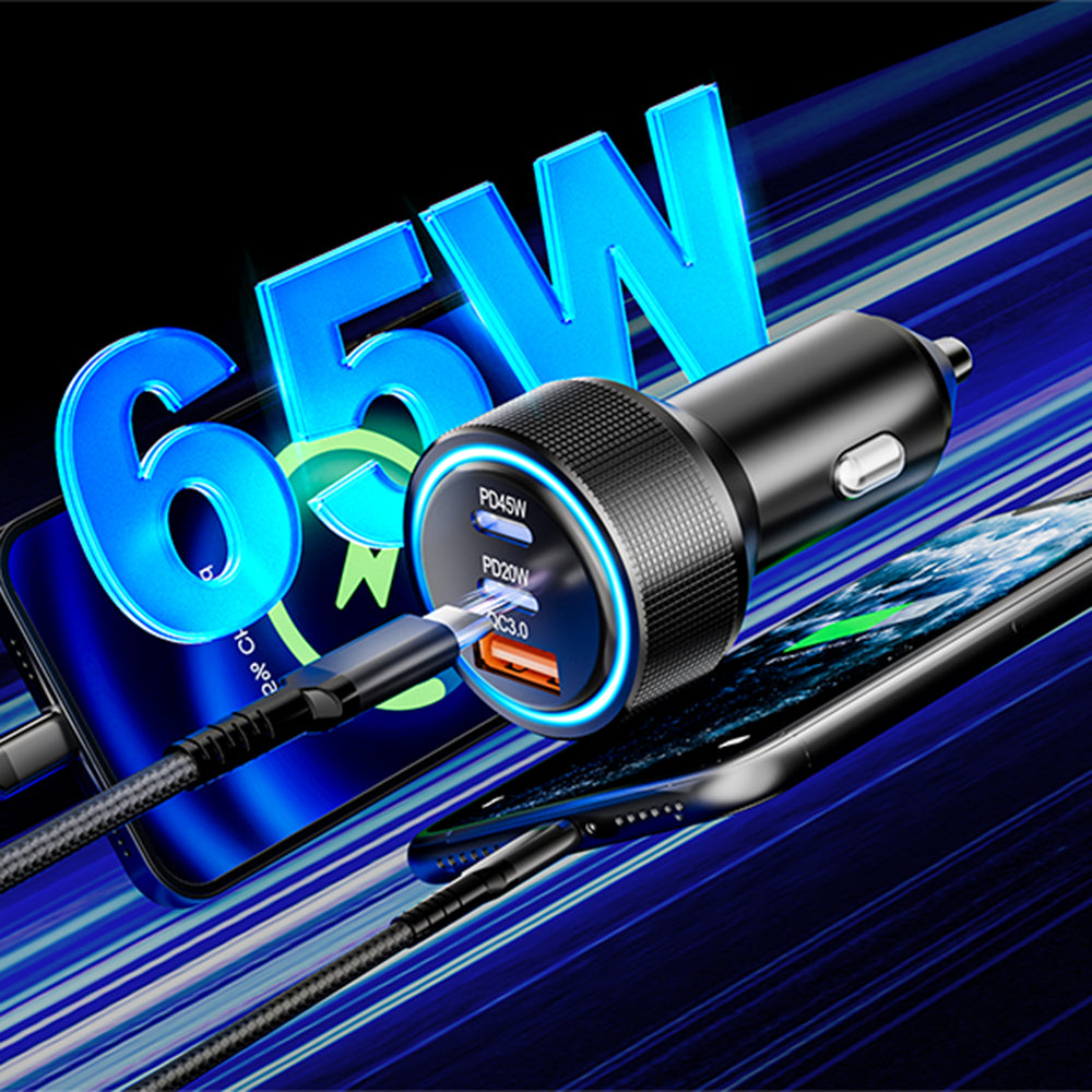 Techsuit - Premium Car Charger DriveBoost (C6) - Fast Charge, LED Light, USB, 2x Type-C 60W, 5V/3A, Aluminium Alloy - Si