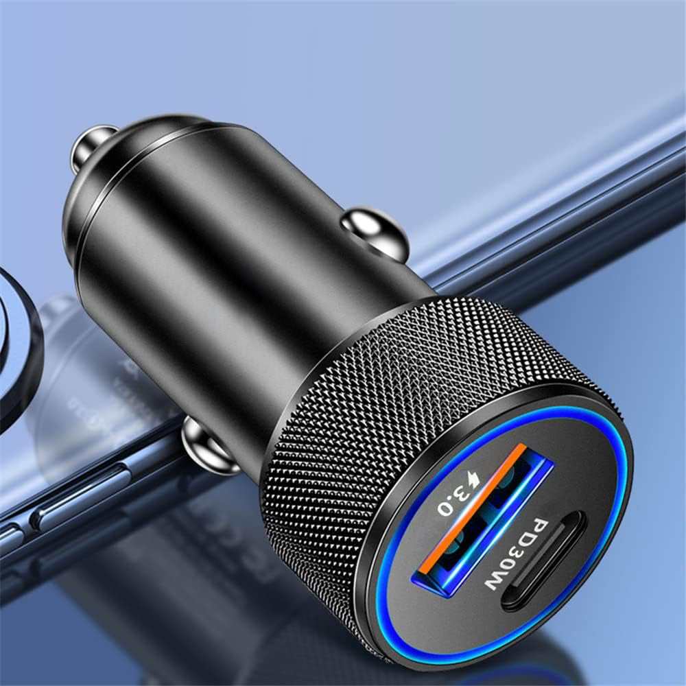 Techsuit - Premium Car Charger VoltDuo (C2) - with LED Light, USB QC 3.0, Type-C PD30W, 5V/3A, ABS, Metal - Black