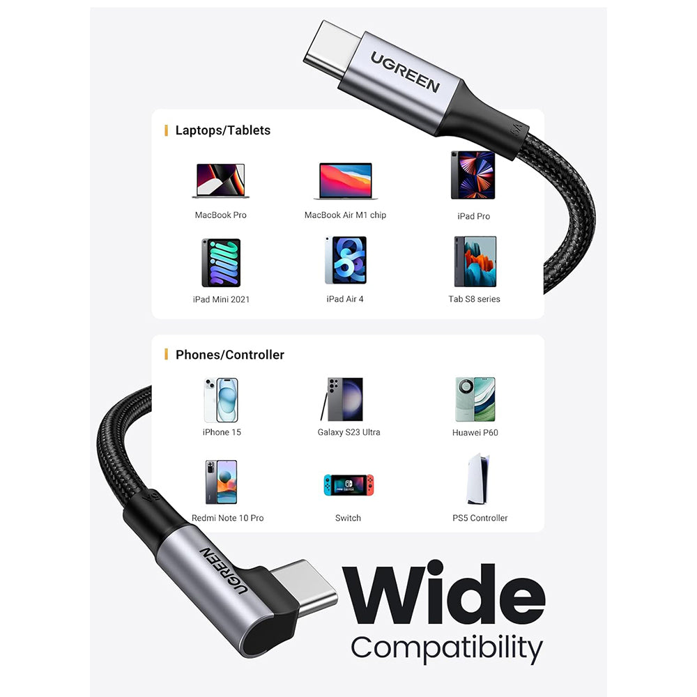 Ugreen - Data Cable US334 (70643) - USB-C to USB-C 90 Degree Cable, Fast Charging 5A, 100W, 1m, Nylon - Space Gray
