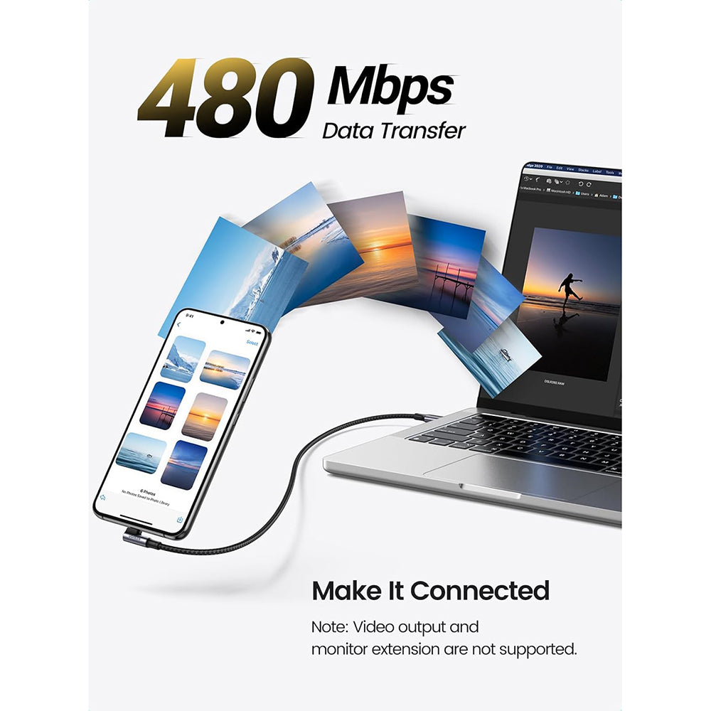 Ugreen - Data Cable US334 (70643) - USB-C to USB-C 90 Degree Cable, Fast Charging 5A, 100W, 1m, Nylon - Space Gray