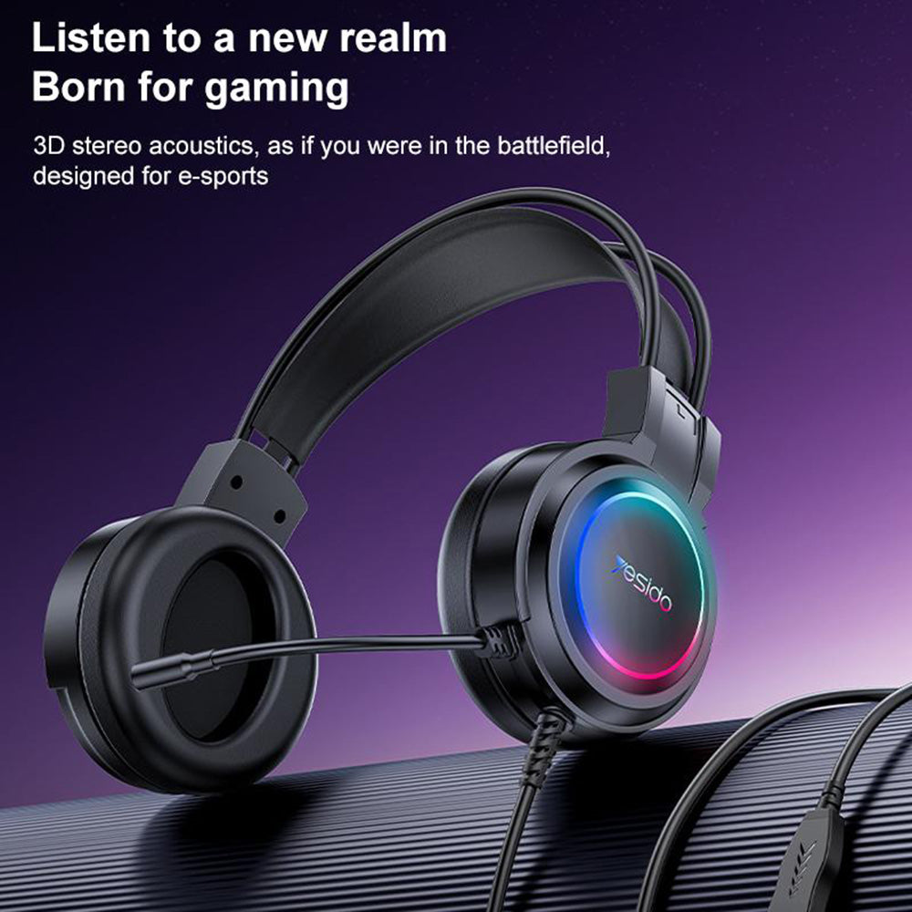 Yesido - Wired Headphones (EK05) - for Gaming, USB, with Microphone, RGB LED Lights - Black