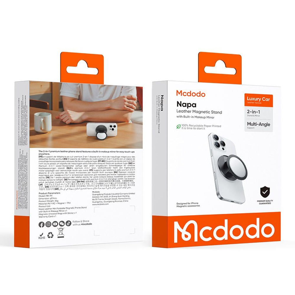 Mcdodo - 2in1 Foldable Magnetic Phone Stand (MR-7912) - with Built-in Makeup Mirror, Leather - Black