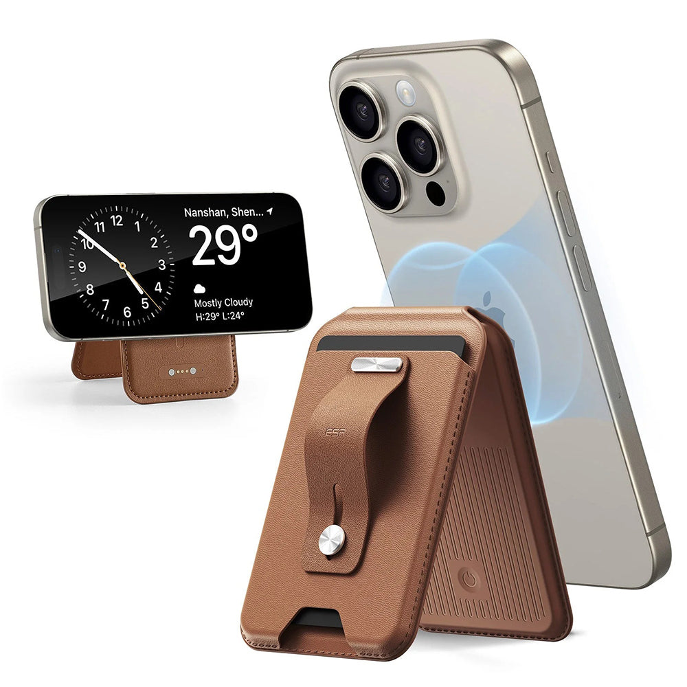 ESR - Geo Magnetic Wallet Stand - MagSafe, Vegan Leather, with 3x Card Slots, RFID Blocking Tech - Brown