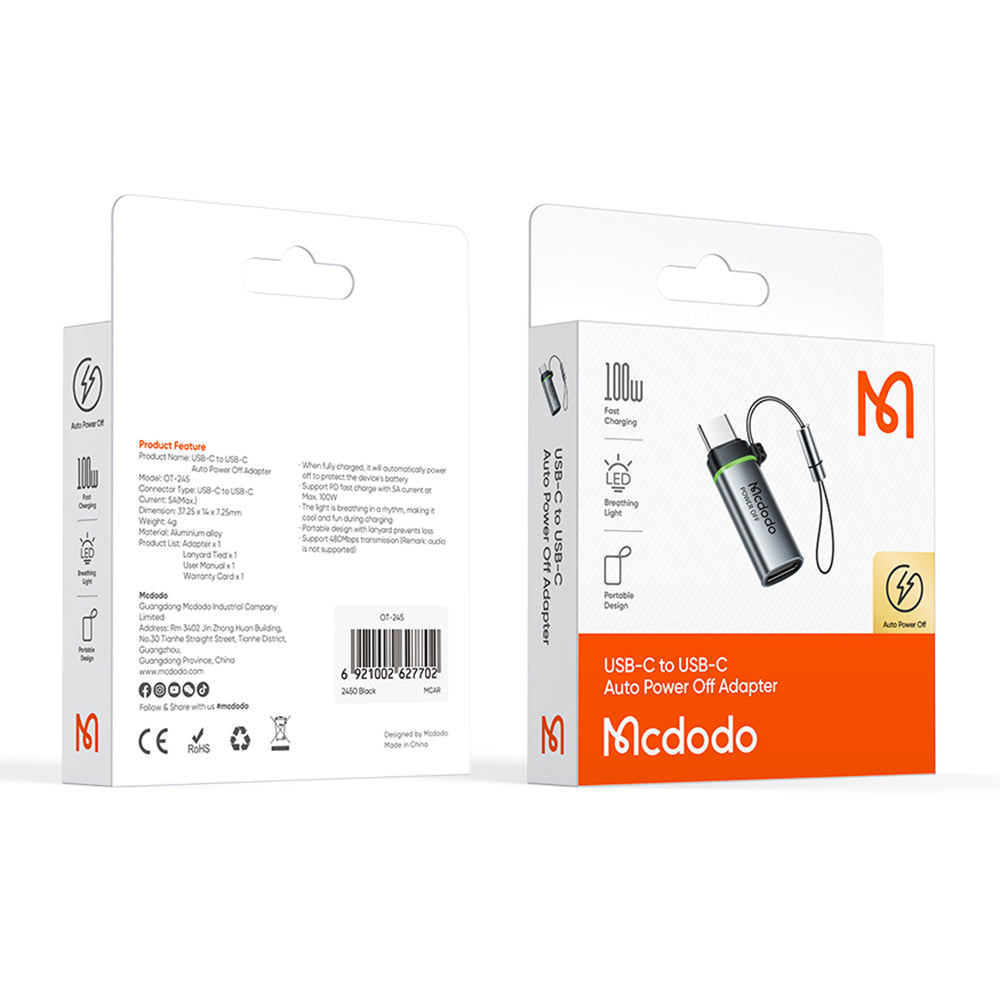 Mcdodo - Adapter Auto Power Off (OT-2450) - Type-C to Type-C, PD100W, 5A, 480Mbps, Charging & Data Sync, with Lanyard - 