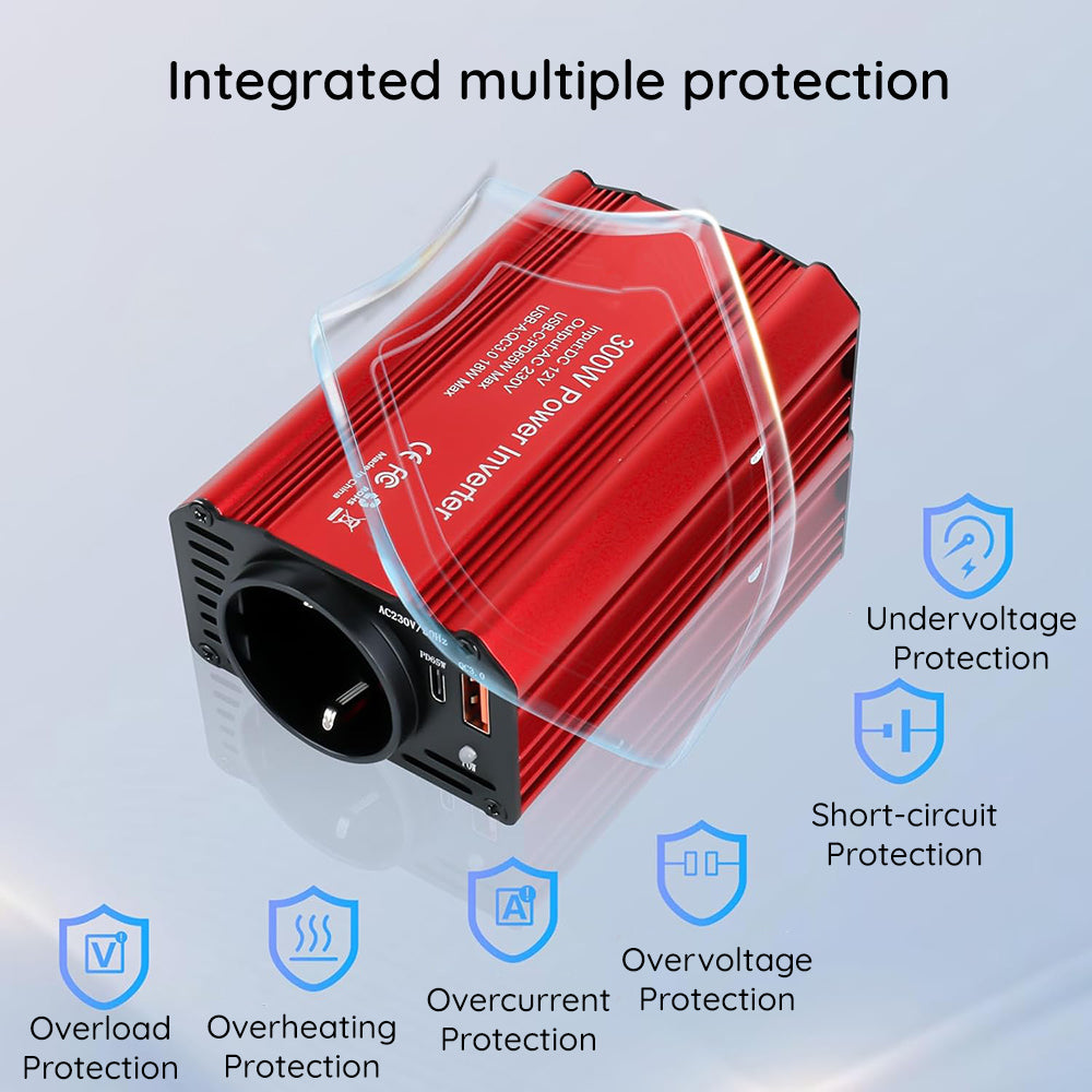 Techsuit - Car Power Inverter FlexiCarVolt (IA1) - Type-C, USB-A, Pocket Socket, PD65W, 300W - Red