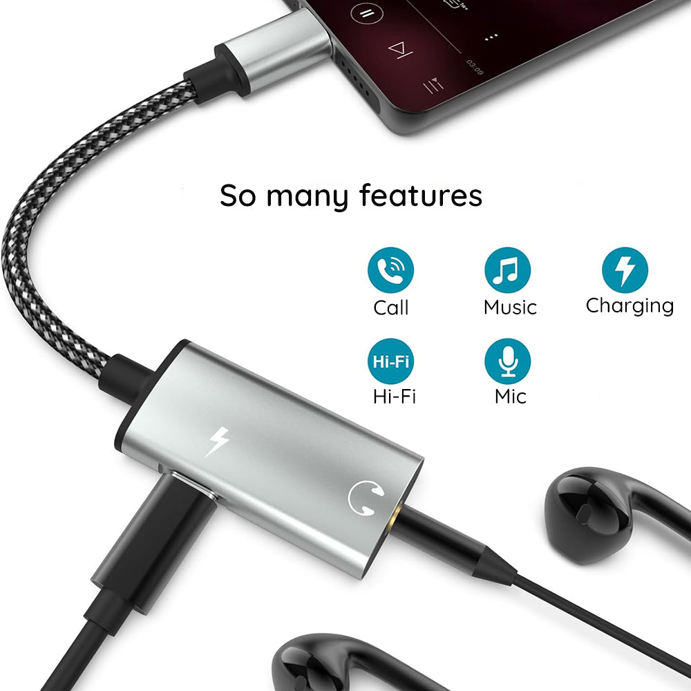 Techsuit - 2in1 Audio Adapter AcustiCore (AC22) - Type-C to Type-C/Jack 3.5mm, Fast Charging, DAC Chip, Hi-Fi Sound - Gr