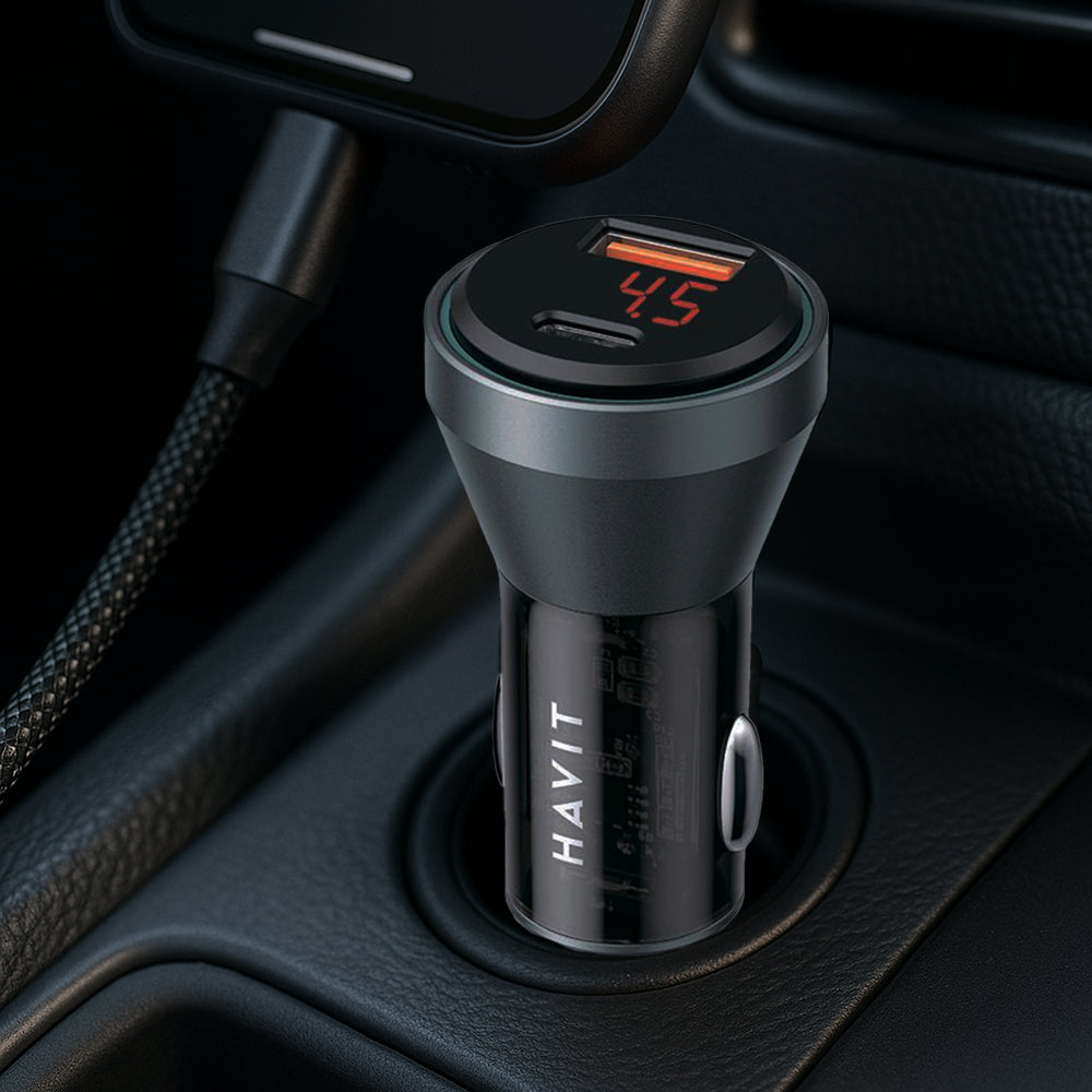 Havit - Car Charger (CC2017) - Type-C, USB, 45W, 3A, Visible Internal Structural Design - Black / Blue