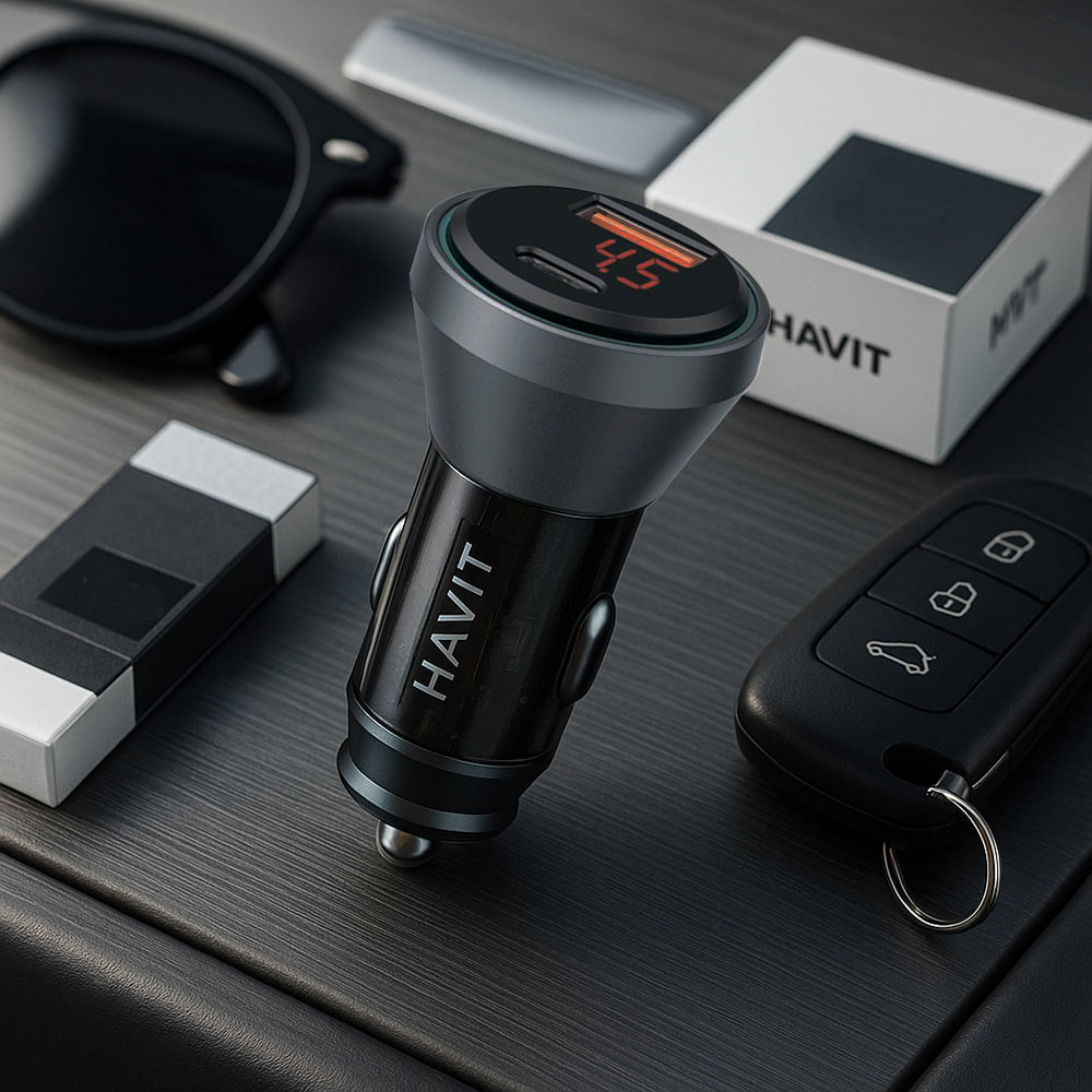 Havit - Car Charger (CC2017) - Type-C, USB, 45W, 3A, Visible Internal Structural Design - Black / Blue