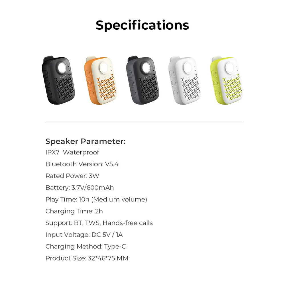 Havit - Wireless Speaker (SK868BT) - Bluetooth V5.4, 5W, 600mAh, IP67, TWS, Flashlight, Hands-free Calls, Type-C - Black