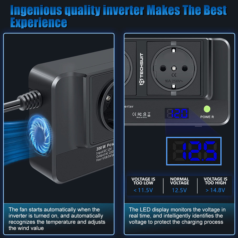 Techsuit - Car Power Inverter PowerDriveX (IA2) - Type-C, 2x USB-A, 2x AC Power Sockets, 220V, 200W - Black