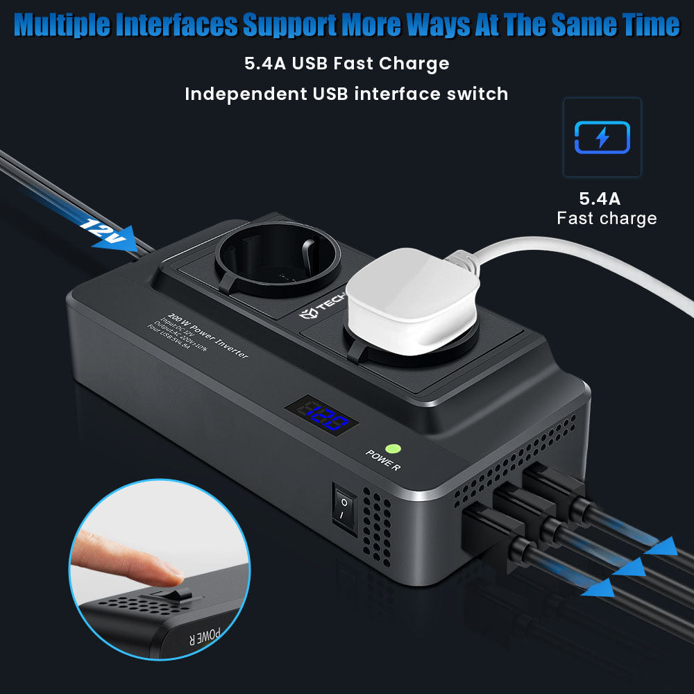 Techsuit - Car Power Inverter PowerDriveX (IA2) - Type-C, 2x USB-A, 2x AC Power Sockets, 220V, 200W - Black