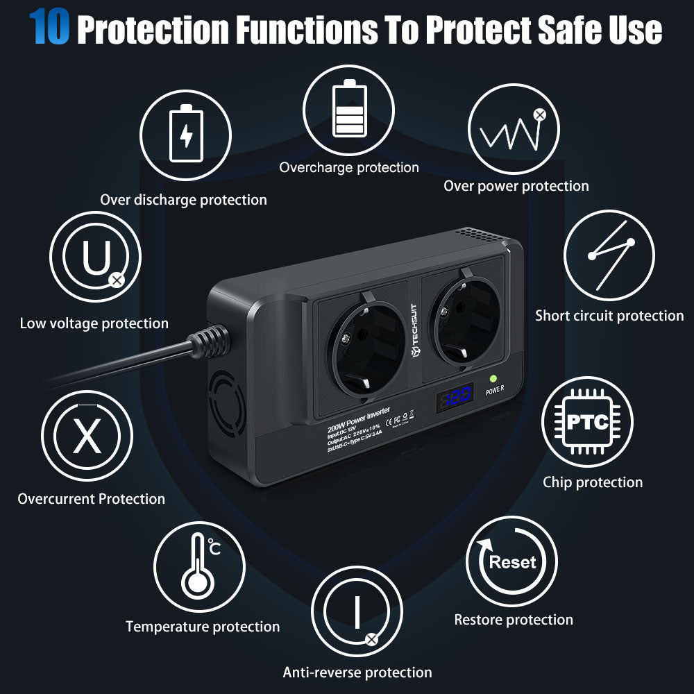 Techsuit - Car Power Inverter PowerDriveX (IA2) - Type-C, 2x USB-A, 2x AC Power Sockets, 220V, 200W - Black