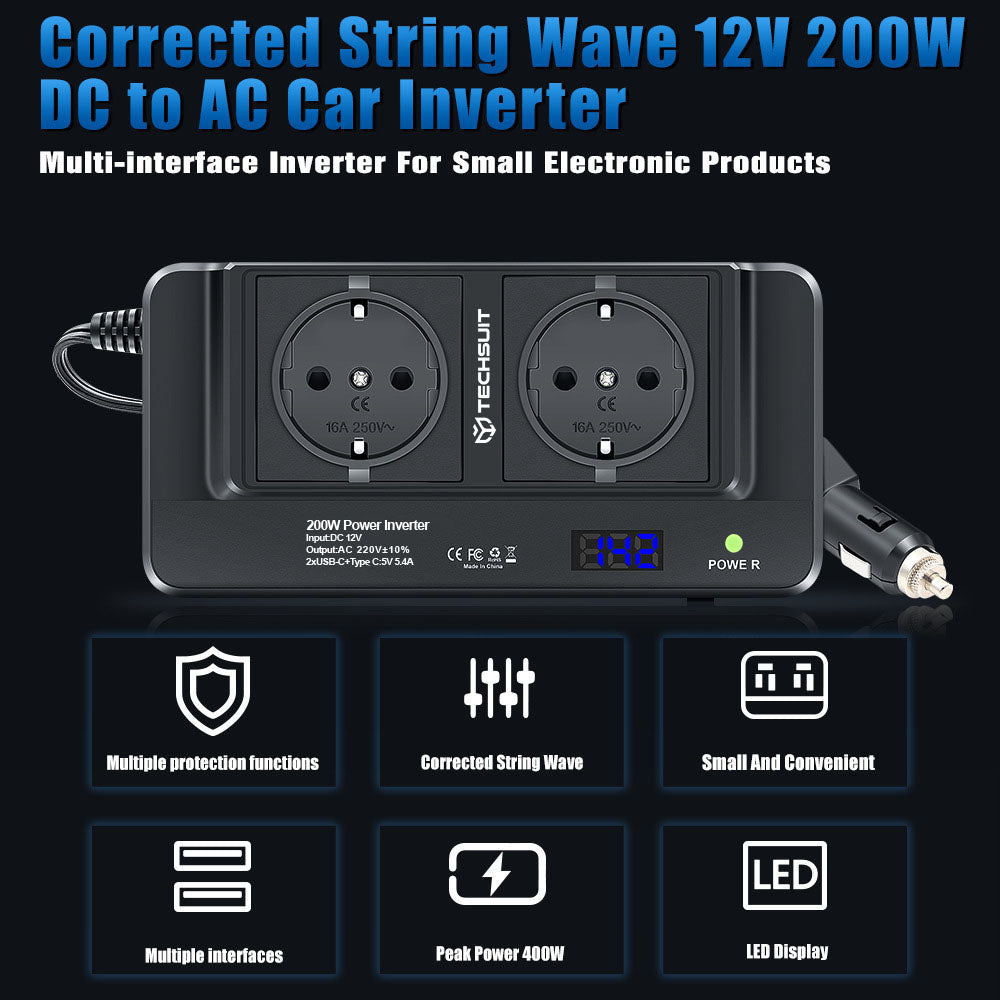 Techsuit - Car Power Inverter PowerDriveX (IA2) - Type-C, 2x USB-A, 2x AC Power Sockets, 220V, 200W - Black