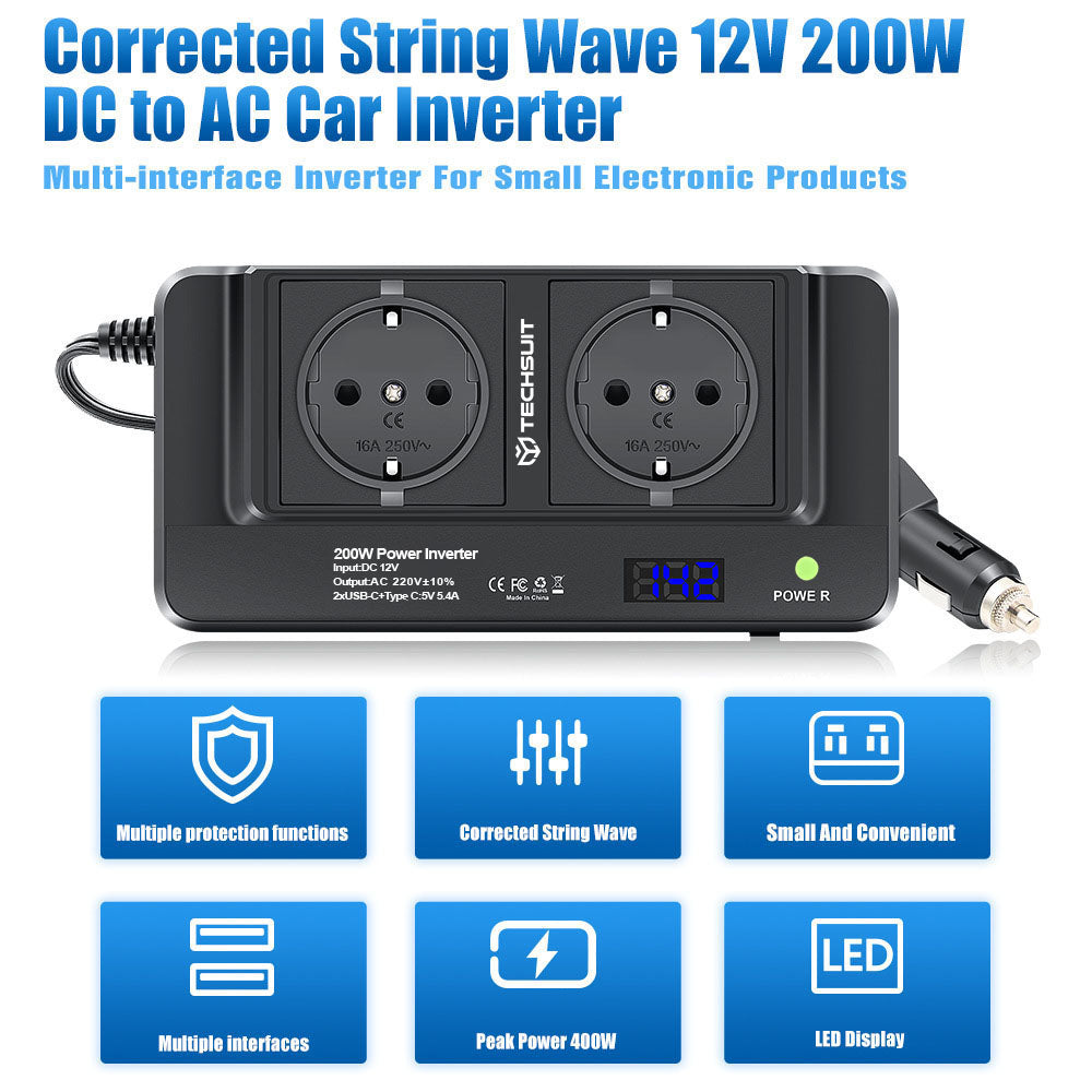 Techsuit - Car Power Inverter PowerDriveX (IA2) - Type-C, 2x USB-A, 2x AC Power Sockets, 220V, 200W - Black