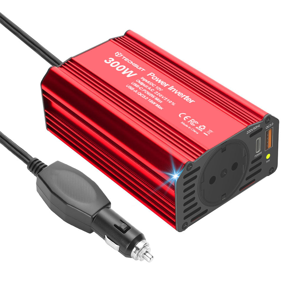 Techsuit - Car Power Inverter FlexiCarVolt (IA1) - Type-C, USB-A, Pocket Socket, PD65W, 300W - Red