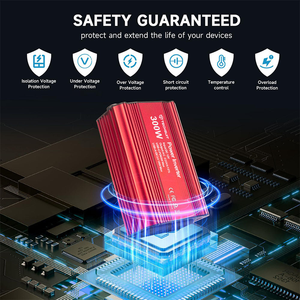 Techsuit - Car Power Inverter FlexiCarVolt (IA1) - Type-C, USB-A, Pocket Socket, PD65W, 300W - Red
