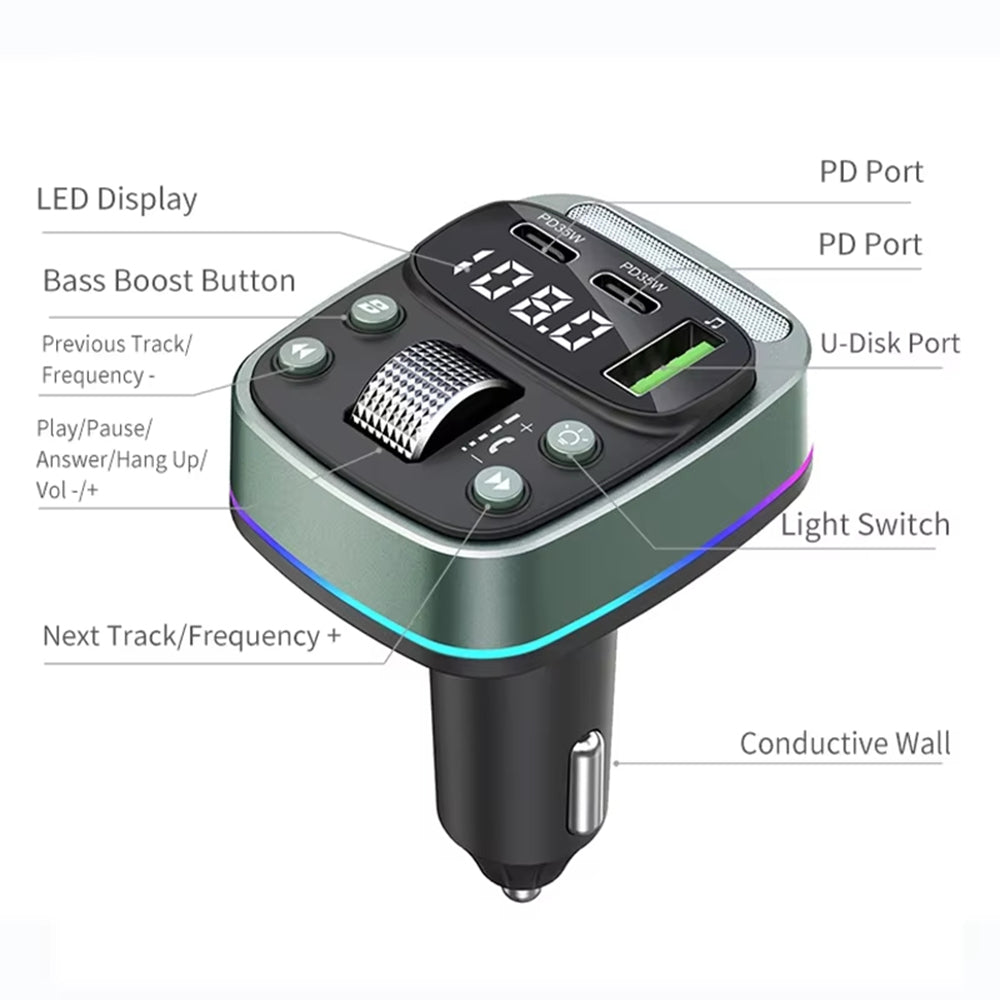 Techsuit - FM Modulator EchoDrive (MFM3) - Dual PD35W, Bluetooth V5.4, U-Disk to Play Music, Bass Setting - Black