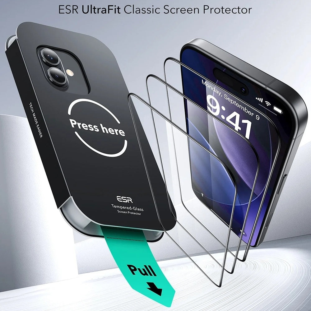 ESR - Tempered Glass UltraFit (3 pack) - iPhone 17 / iPhone 16 Pro - Black