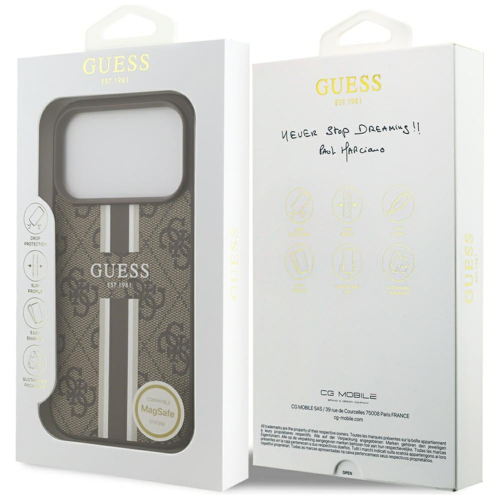 Guess Husa de protectie Guess Hardcase 4G Printed Stripes MagSafe (GUHMP17LP4RPSW) compatibil cu iPhone 17 Pro, Maro – i
