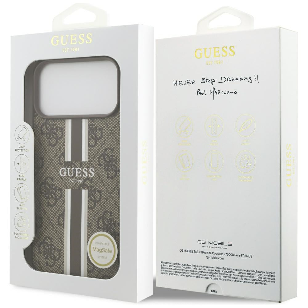 Husa pentru iPhone 17 Pro Max - Guess Hardcase 4G Printed Stripes MagSafe (GUHMP17XP4RPSW) - Brown