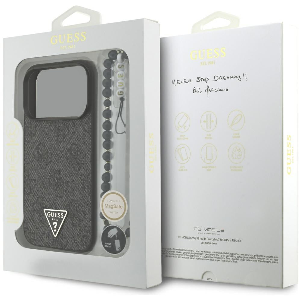 Husa pentru iPhone 17 Pro - Guess Hardcase 4G Triangle Logo MagSafe with Cord Strap (GUHMP17LP4TSDPPSK) - Black